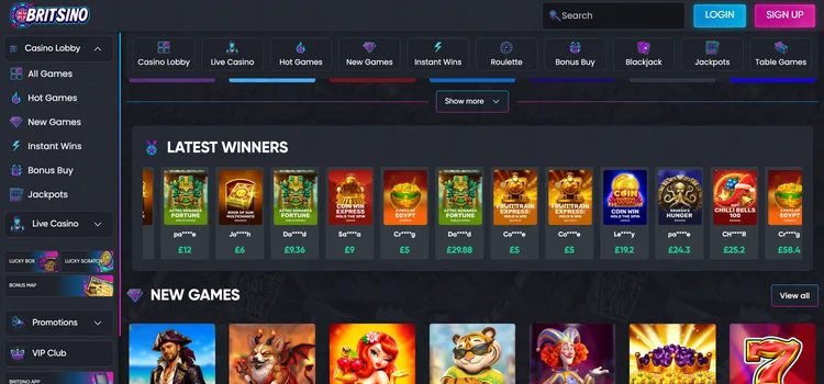 Britsino casino lobby showing latest winners and new game releases Britsino casino lobby showing latest winners and new game releases