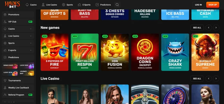 Hades Bet casino lobby with new slot releases and live casino tables Hades Bet casino lobby with new slot releases and live casino tables