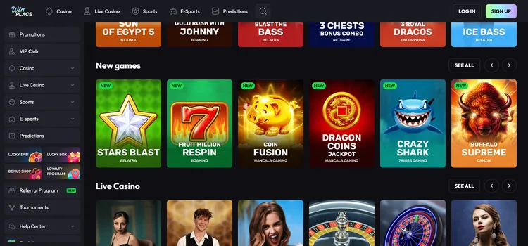 Win Place casino games lobby with new slots and live casino sections Win Place casino games lobby with new slots and live casino sections